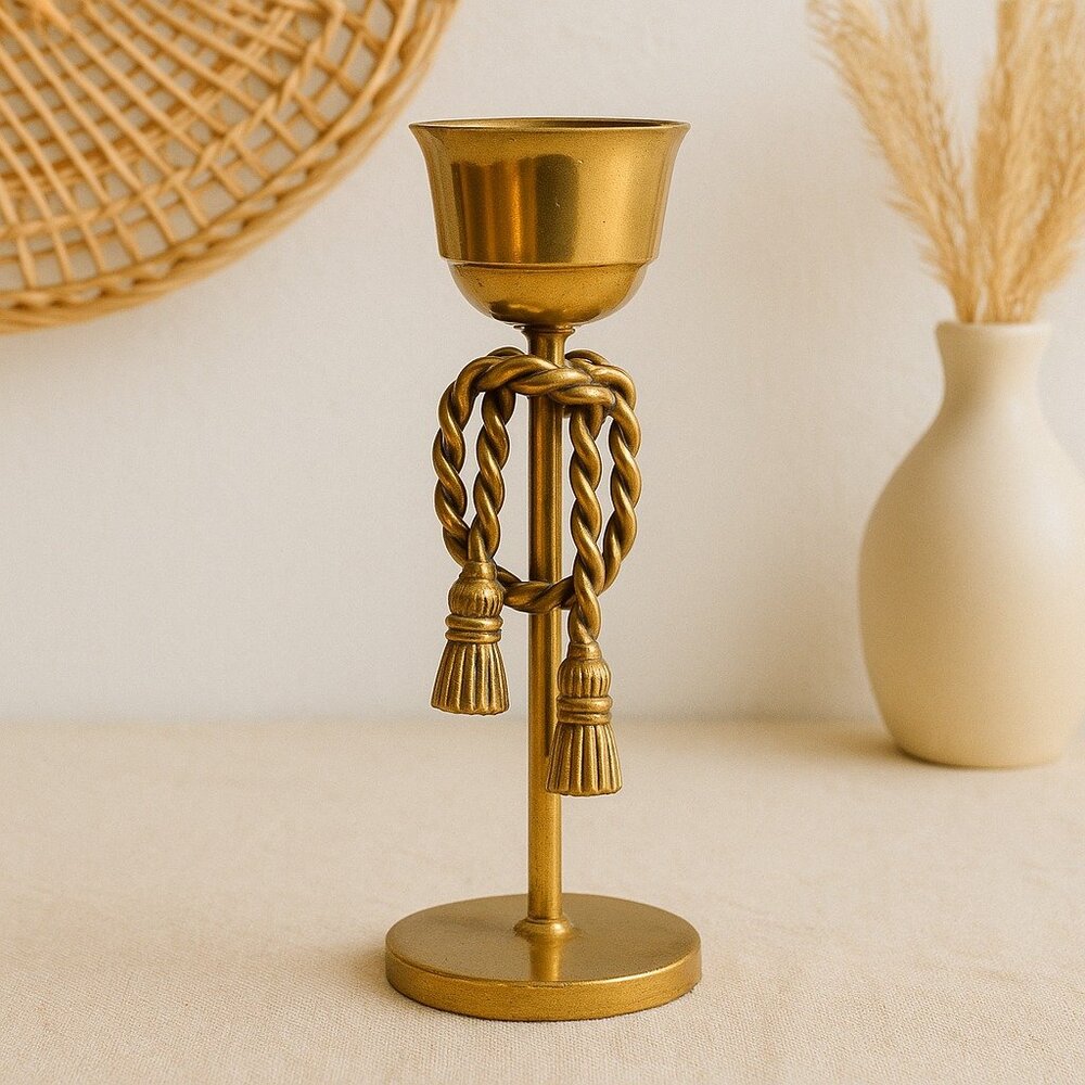 Vintage Brass Candlestick Holder 8" Rope Tassel Hollywood‎ Regency Candle Holder
